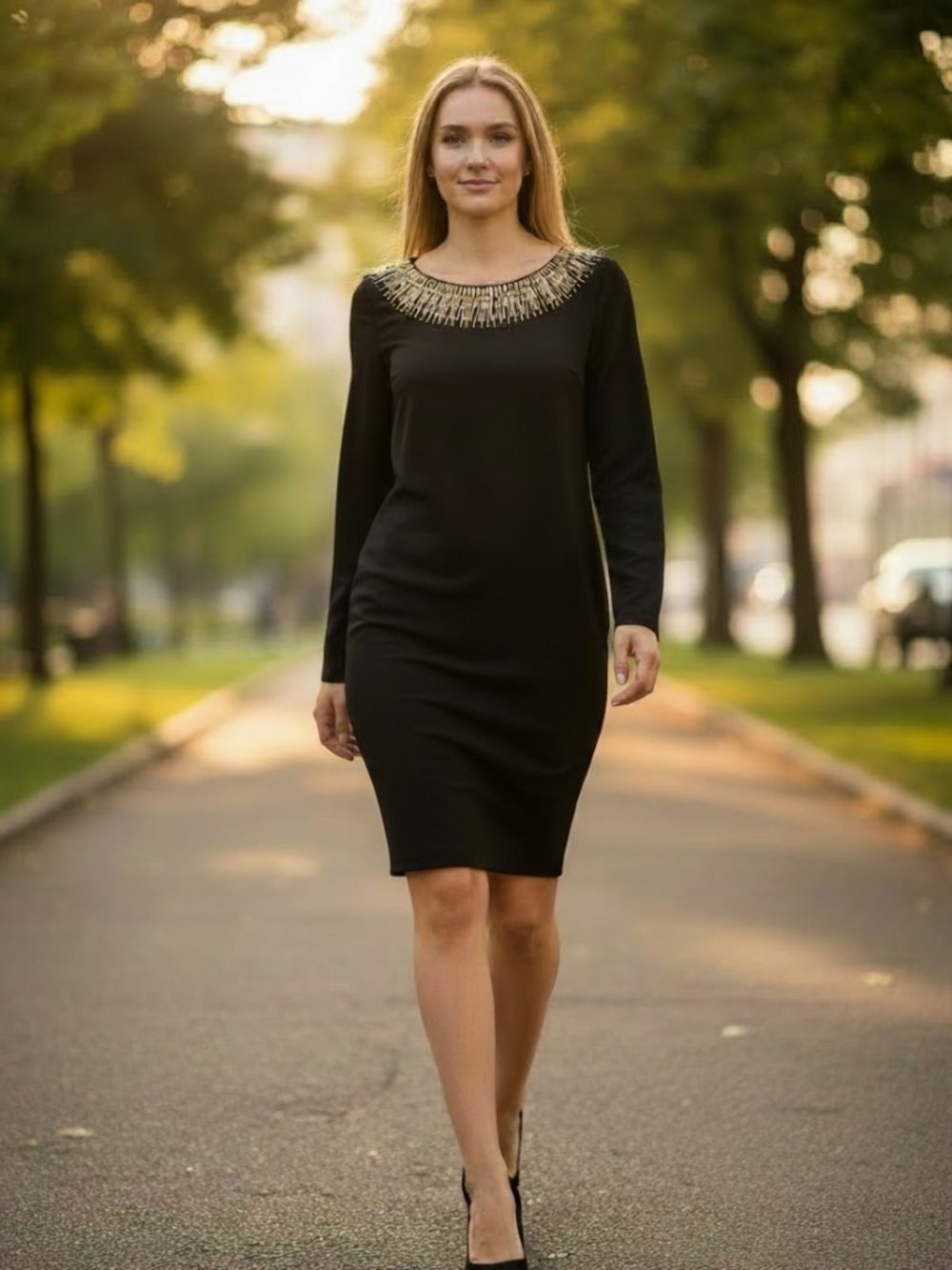 ✨ Calvin Klein Long Sleeve Shift Dress with Gold Bugled Bead Neckline - size 8